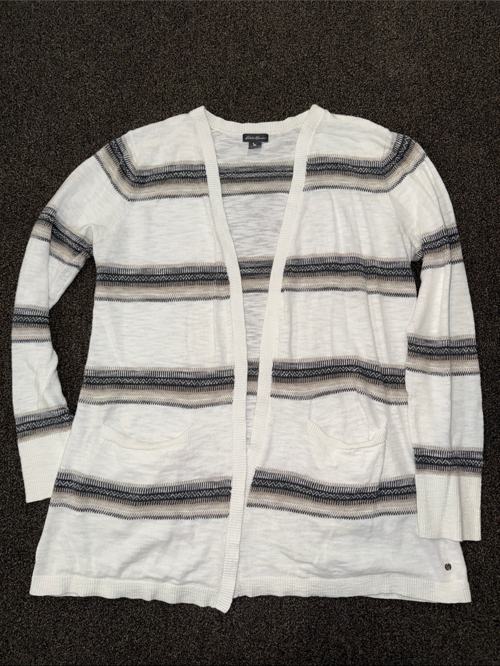 Eddy Bauer White Open-Front Striped Cardigan with Pockets
